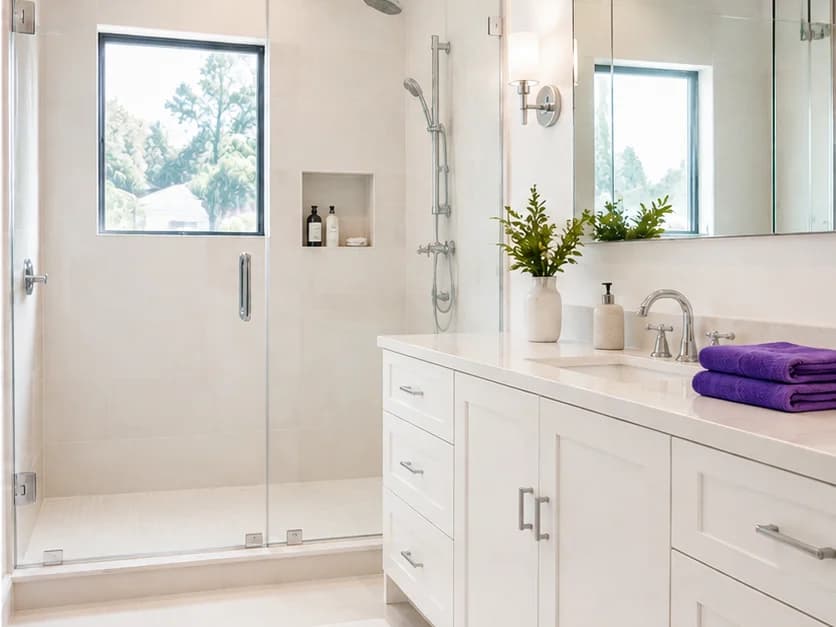 Clean bathroom tile, glass shower doors, and a polished vanity.